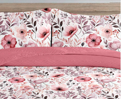 Bohemian Rose Pink Floral Printed Cotton Reversible Summer Lightweight Quilt Set - Adore India   