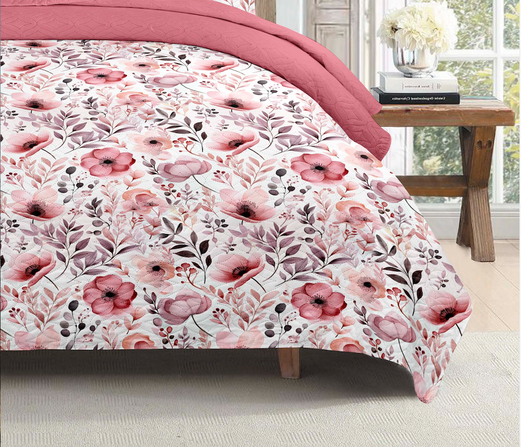 Bohemian Rose Pink Floral Printed Cotton Reversible Summer Lightweight Quilt Set - Adore India   
