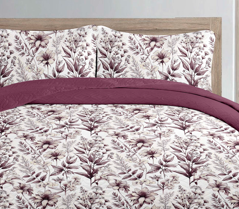 Burgundy Autumn Floral Printed Cotton Reversible Summer Lightweight Quilt Set - Adore India   
