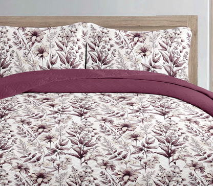 Burgundy Autumn Floral Printed Cotton Reversible Summer Lightweight Quilt Set - Adore India   