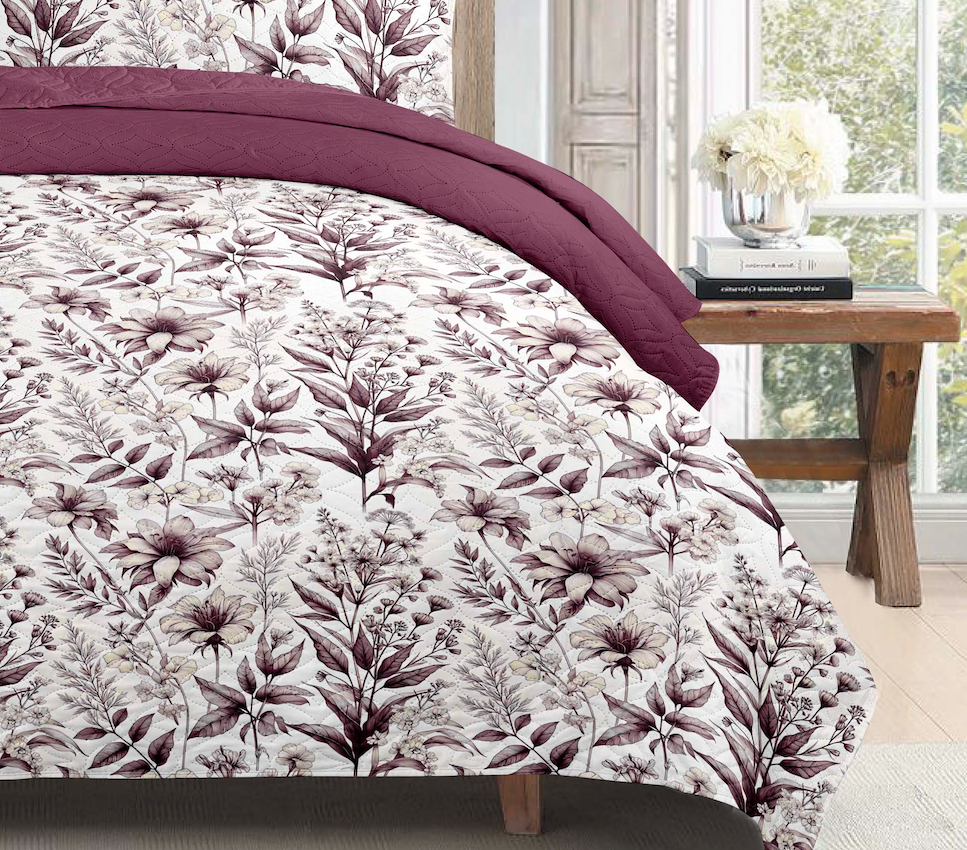 Burgundy Autumn Floral Printed Cotton Reversible Summer Lightweight Quilt Set - Adore India   