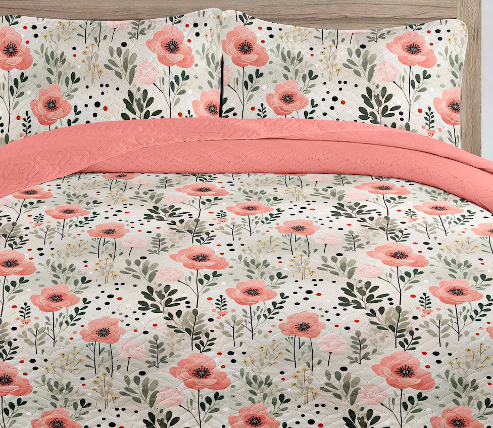 Bohemian Pink Grey Floral Printed Cotton Reversible Summer Lightweight Quilt Set - Adore India   