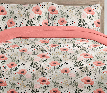 Bohemian Pink Grey Floral Printed Cotton Reversible Summer Lightweight Quilt Set - Adore India   
