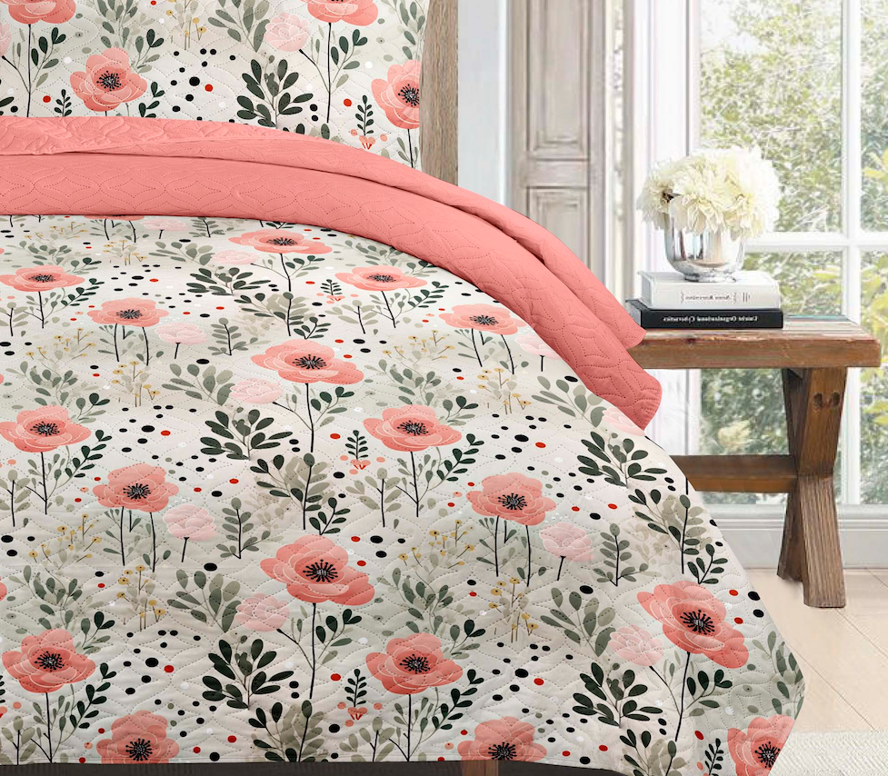 Bohemian Pink Grey Floral Printed Cotton Reversible Summer Lightweight Quilt Set - Adore India   
