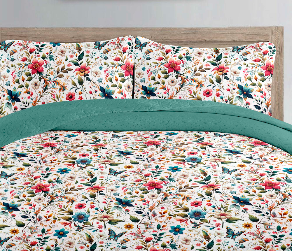 Boho Dream Floral Printed Cotton Reversible Summer Lightweight Quilt Set - Adore India   