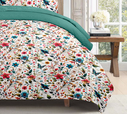 Boho Dream Floral Printed Cotton Reversible Summer Lightweight Quilt Set - Adore India   