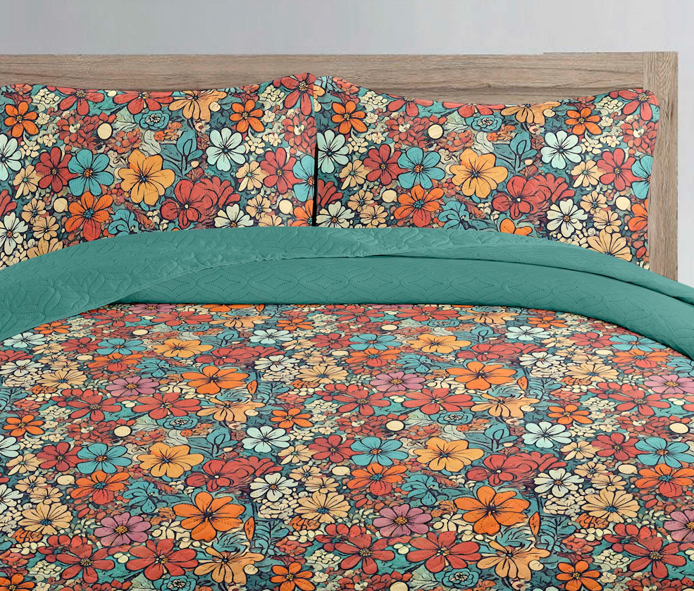 Indian Boho Batik Block Floral Printed Cotton Reversible Summer Lightweight Quilt Set - Adore India   