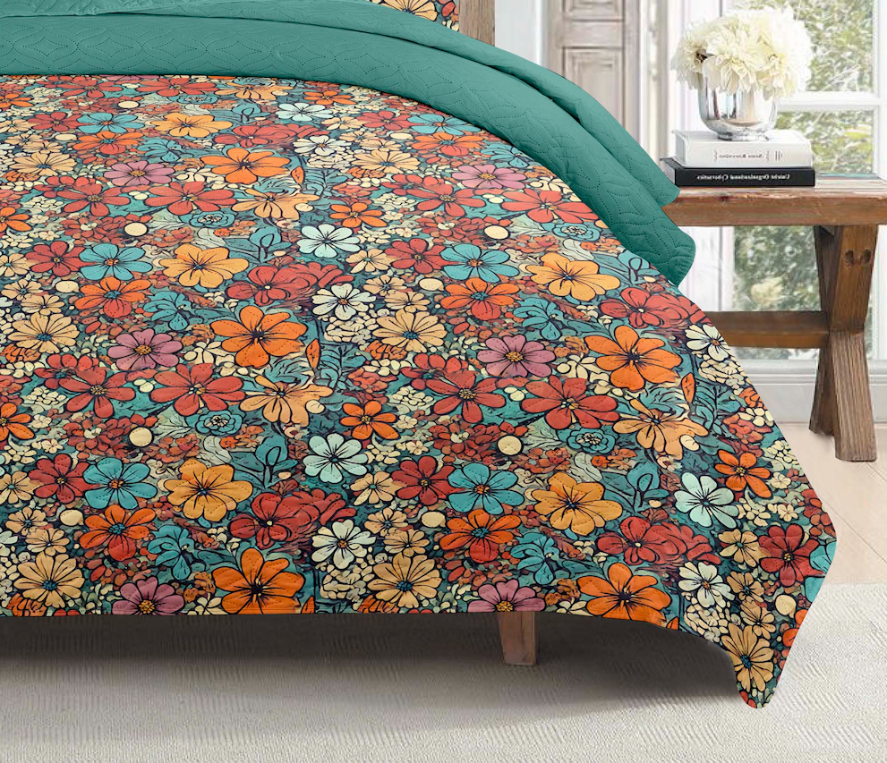 Indian Boho Batik Block Floral Printed Cotton Reversible Summer Lightweight Quilt Set - Adore India   