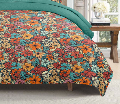 Indian Boho Batik Block Floral Printed Cotton Reversible Summer Lightweight Quilt Set - Adore India   