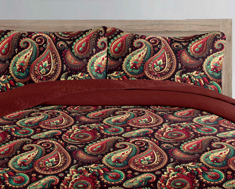 Royal Burgundy Paisley Printed Cotton Reversible Summer Lightweight Bedspread Quilt Set - Adore India   
