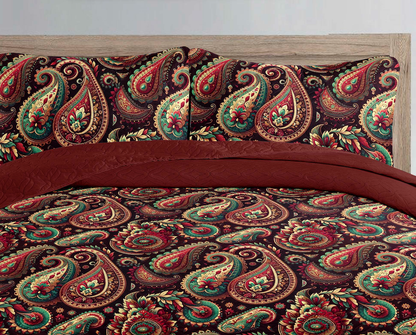 Royal Burgundy Paisley Printed Cotton Reversible Summer Lightweight Bedspread Quilt Set - Adore India   