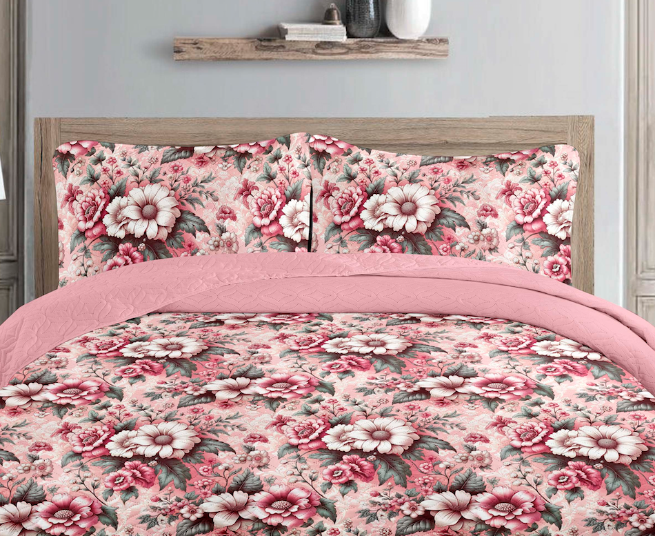 Vintage Pink Rose Printed Cotton Reversible Summer Lightweight Bedspread Quilt Set - Adore India   