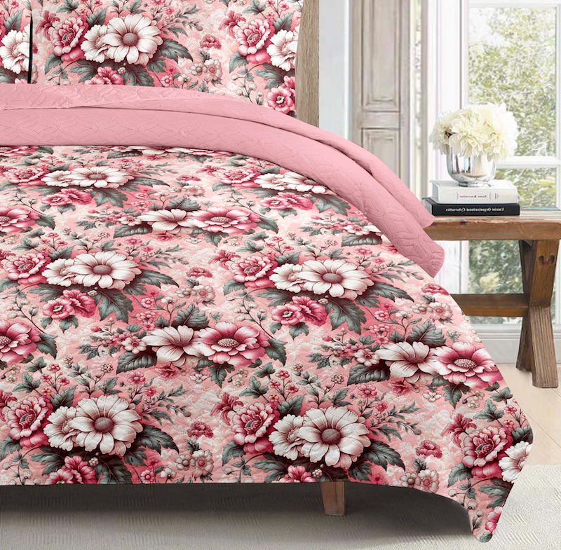 Vintage Pink Rose Printed Cotton Reversible Summer Lightweight Bedspread Quilt Set - Adore India   