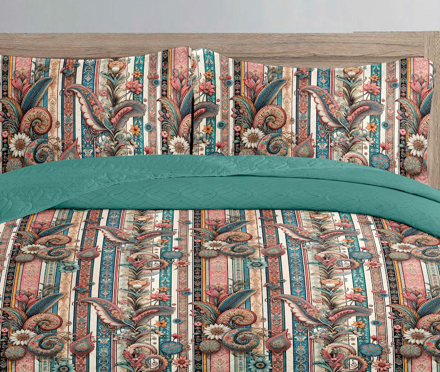 Vintage Stripe Paisley Printed Cotton Reversible Summer Lightweight Bedspread Quilt Set - Adore India   