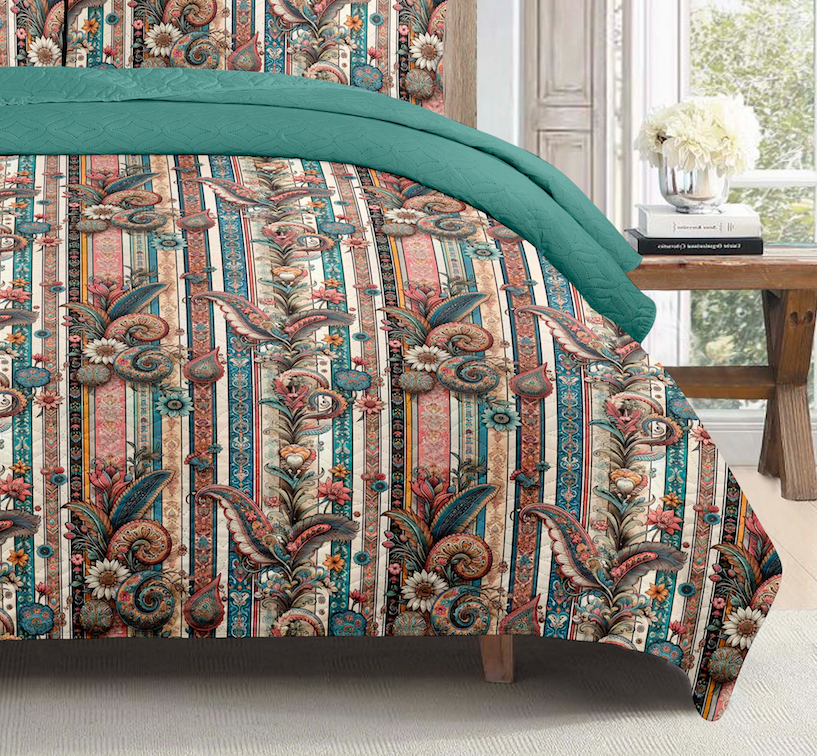 Vintage Stripe Paisley Printed Cotton Reversible Summer Lightweight Bedspread Quilt Set - Adore India   