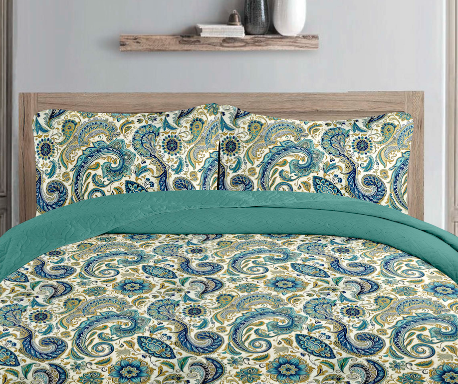 Turquoise Paisley Printed Cotton Reversible Summer Lightweight Bedspread Quilt Set - Adore India   