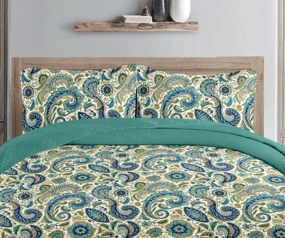 Turquoise Paisley Printed Cotton Reversible Summer Lightweight Bedspread Quilt Set - Adore India   