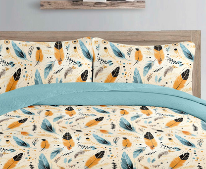 Boho Teal Feather Printed Cotton Reversible Summer Lightweight Bedspread Quilt Set - Adore India   