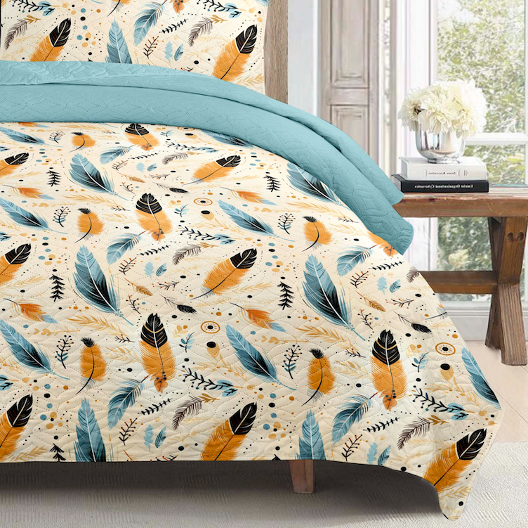 Boho Teal Feather Printed Cotton Reversible Summer Lightweight Bedspread Quilt Set - Adore India   