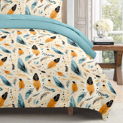 Boho Teal Feather Printed Cotton Reversible Summer Lightweight Bedspread Quilt Set - Adore India   