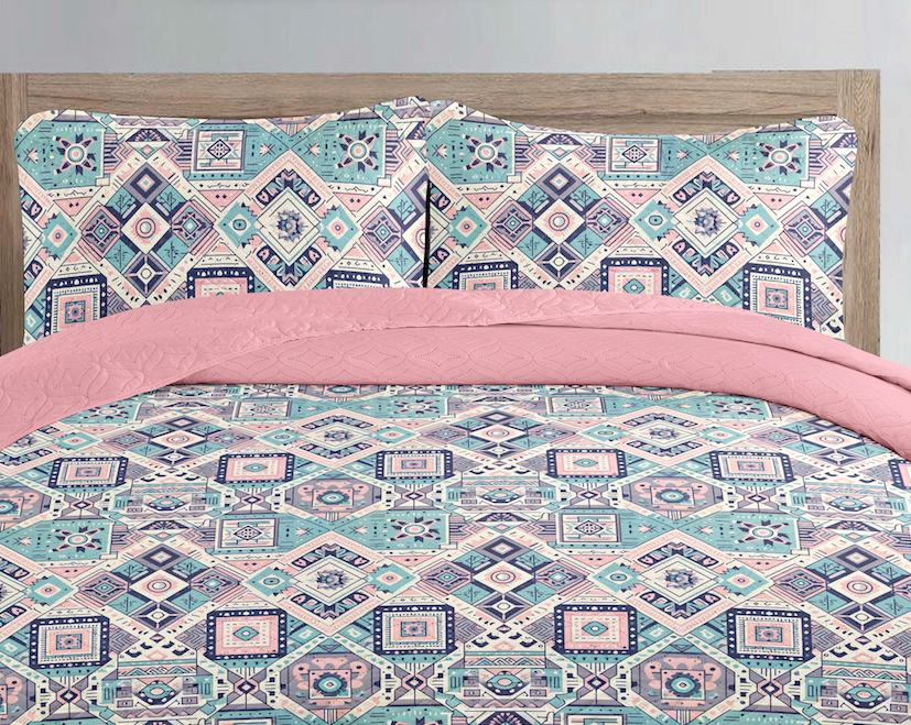 Pastel Aztec Geometrical Printed Cotton Reversible Summer Lightweight Bedspread Quilt Set - Adore India   