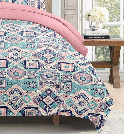 Pastel Aztec Geometrical Printed Cotton Reversible Summer Lightweight Bedspread Quilt Set - Adore India   