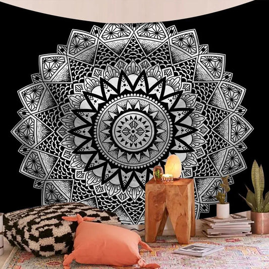 Indian Mandala Tapestry Black and White Star Psychedelic Wall Hanging Boho Decor - Adore India   