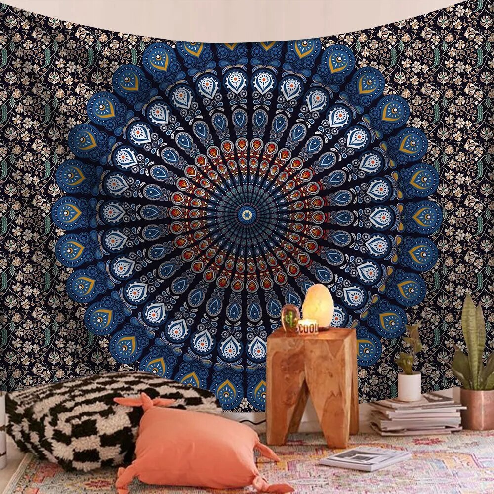 Harmony Peacock Indian Mandala Tapestry Psychedelic Wall Hanging Boho Decor - Adore India   