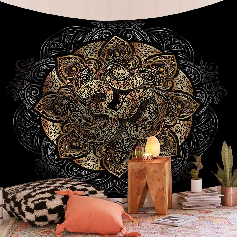 Black Om Indian Mandala Tapestry Psychedelic Wall Hanging Boho Decor - Adore India   