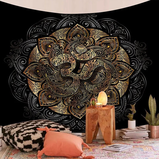 Black Om Indian Mandala Tapestry Psychedelic Wall Hanging Boho Decor - Adore India   