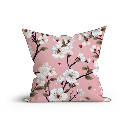 Bohemian Pink Sakura Cotton Cushion with Piping-Adore India