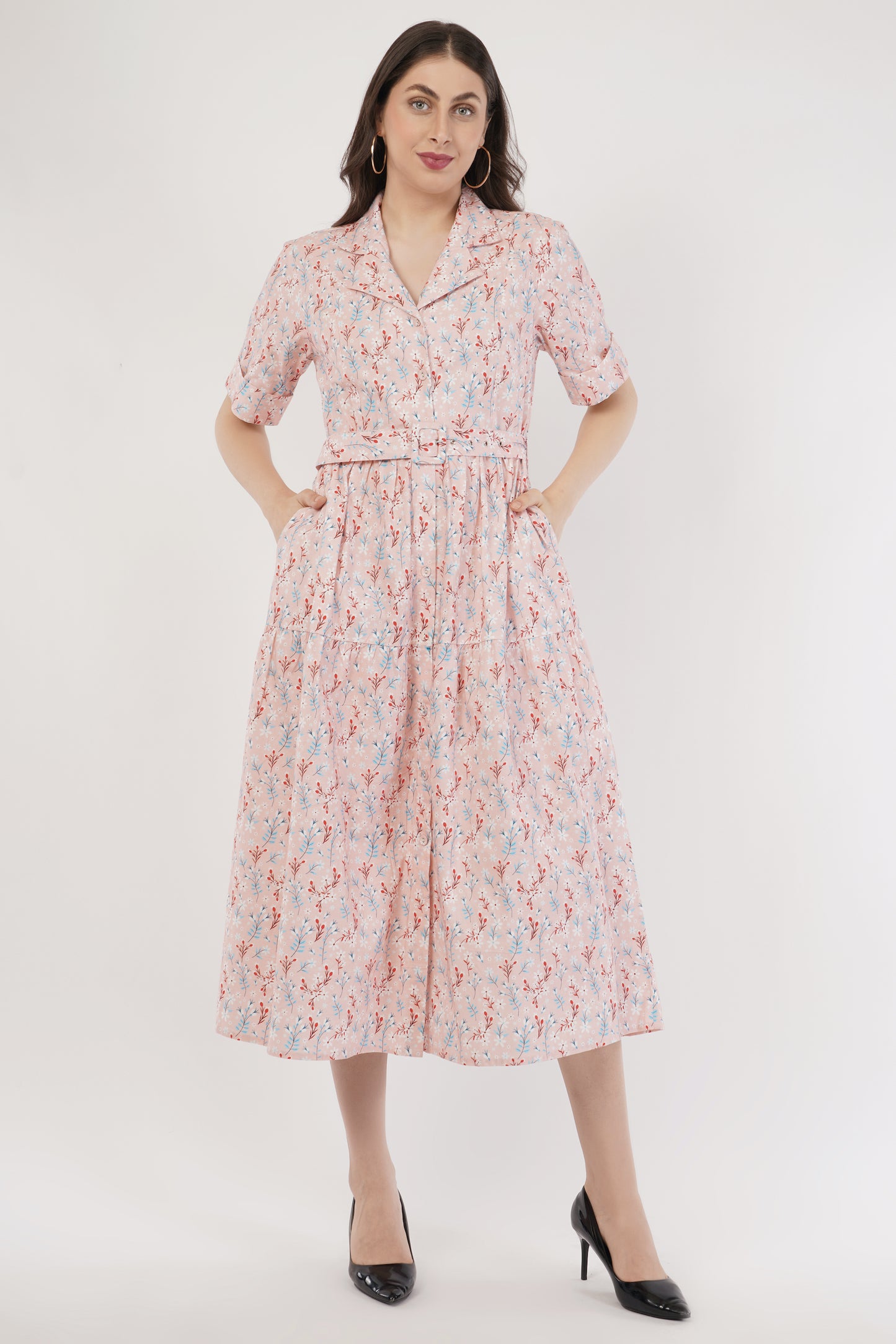 Stella Pink Floral Cotton Long Midi Shirt Dress with Belt