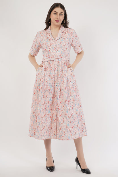Stella Pink Floral Cotton Long Midi Shirt Dress with Belt