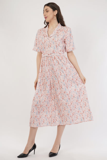 Stella Pink Floral Cotton Long Midi Shirt Dress with Belt