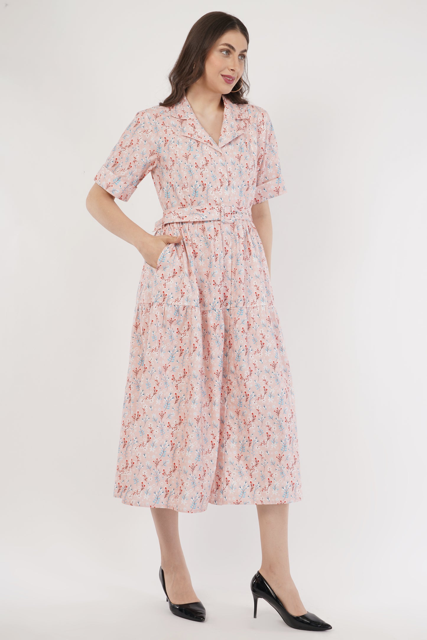 Stella Pink Floral Cotton Long Midi Shirt Dress with Belt