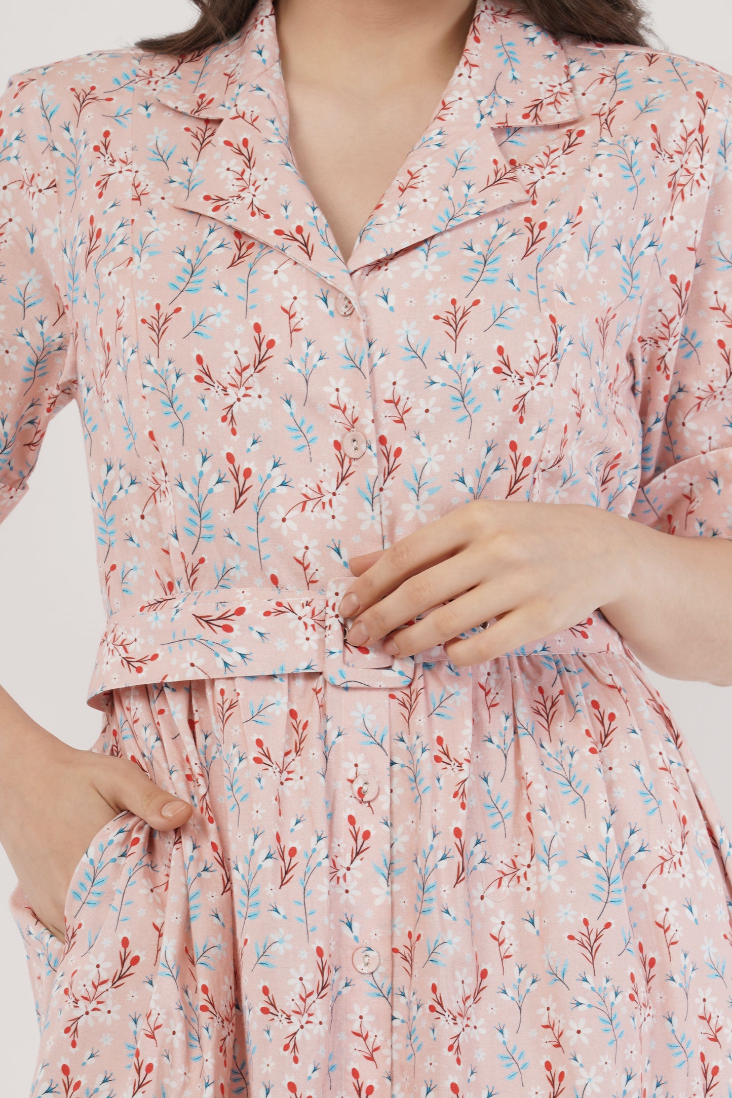 Stella Pink Floral Cotton Long Midi Shirt Dress with Belt