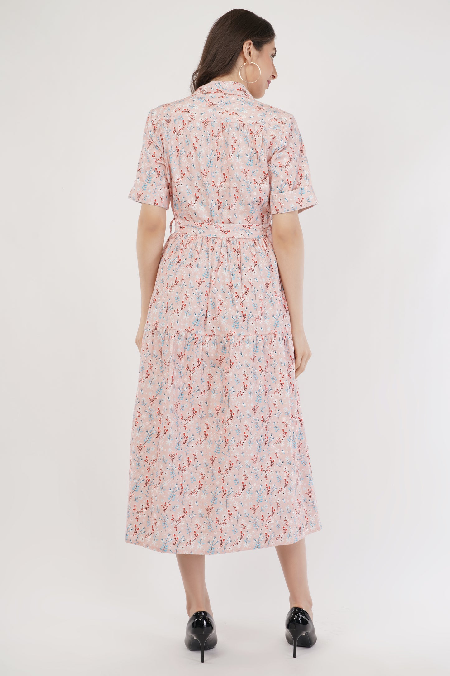 Stella Pink Floral Cotton Long Midi Shirt Dress with Belt