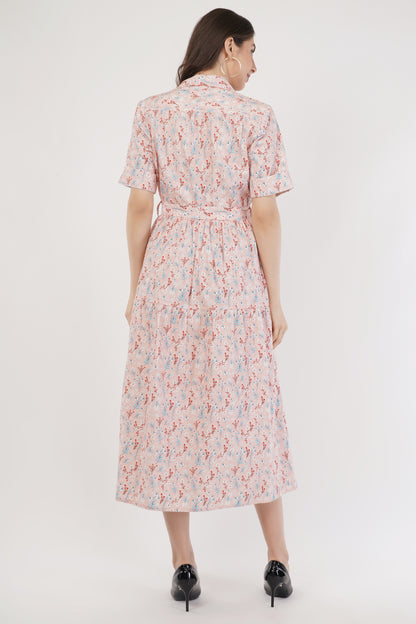 Stella Pink Floral Cotton Long Midi Shirt Dress with Belt