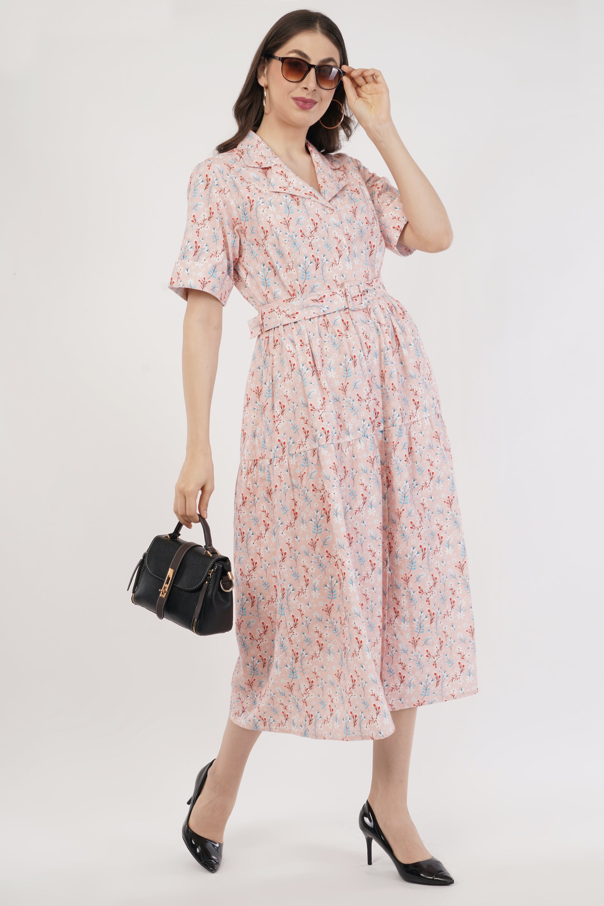 Stella Pink Floral Cotton Long Midi Shirt Dress with Belt