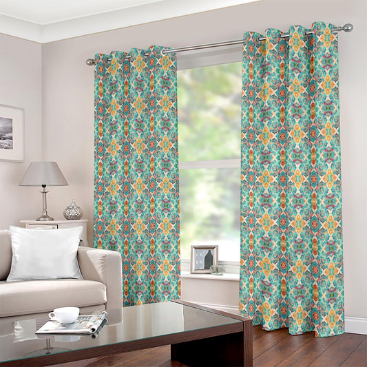 Teal Aztec Bohemian Art Printed Curtain Set - Adore India   