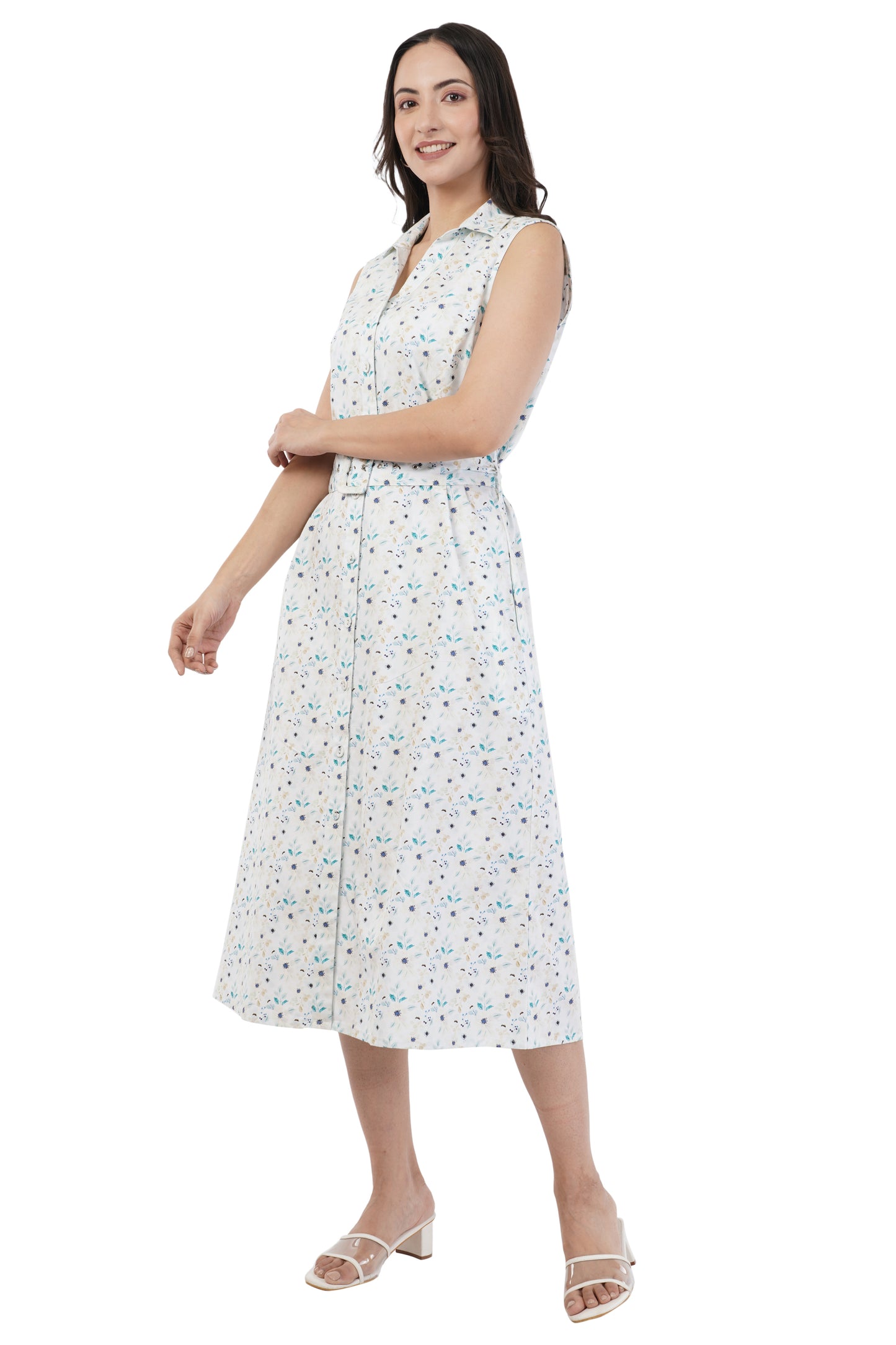 Thelma Sleeveless Belted Midi Dress with Soft Blue Botanical Print
