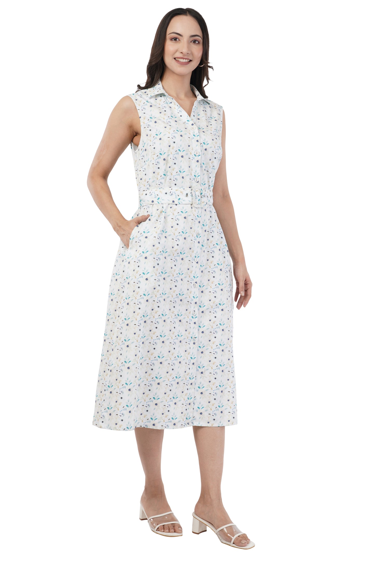 Thelma Sleeveless Belted Midi Dress with Soft Blue Botanical Print