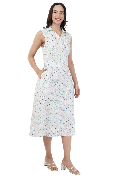 Thelma Sleeveless Belted Midi Dress with Soft Blue Botanical Print