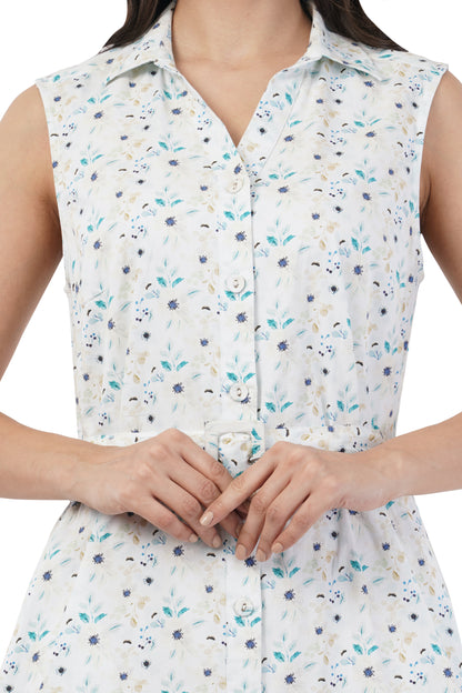 Thelma Sleeveless Belted Midi Dress with Soft Blue Botanical Print