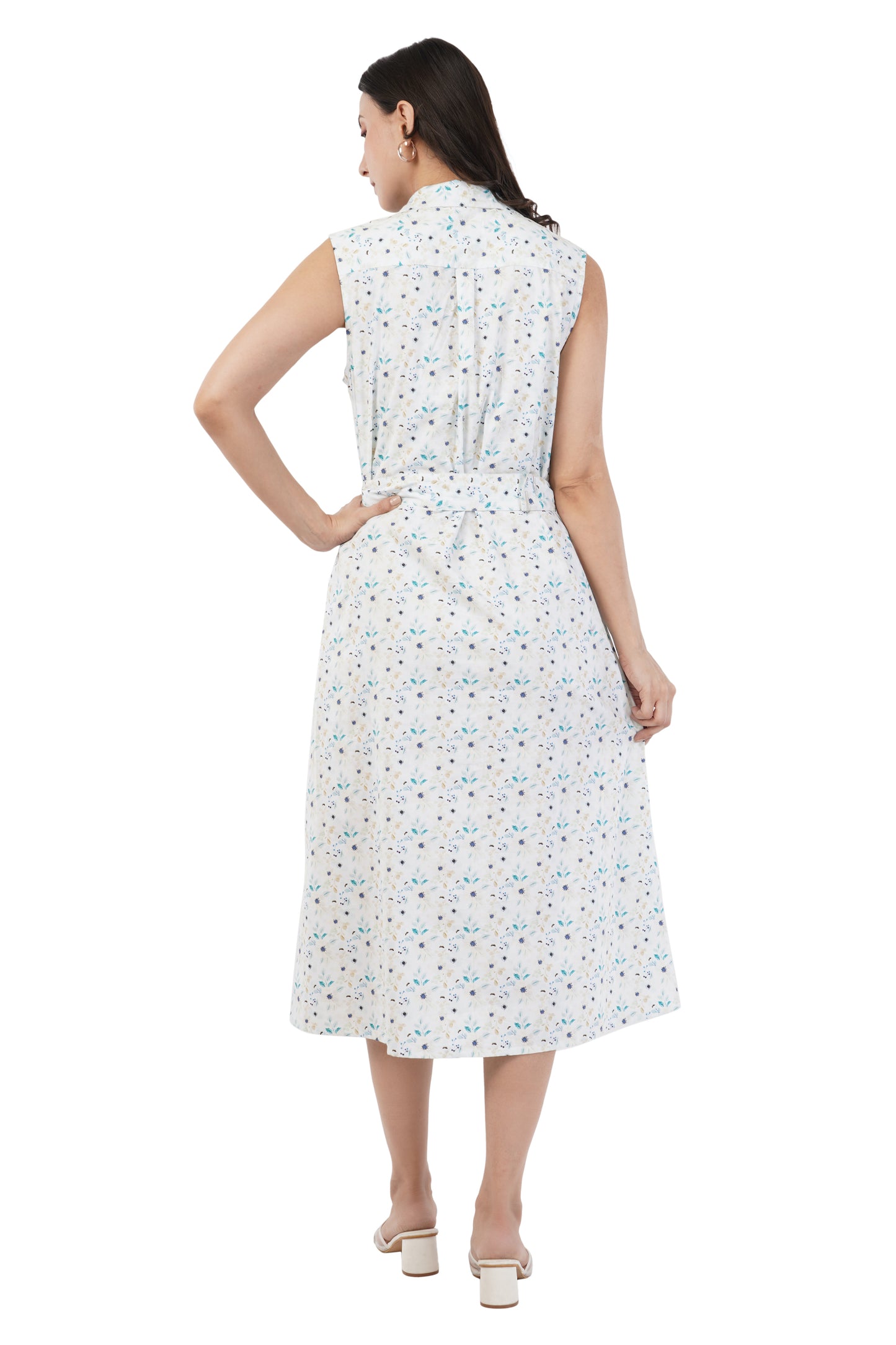 Thelma Sleeveless Belted Midi Dress with Soft Blue Botanical Print