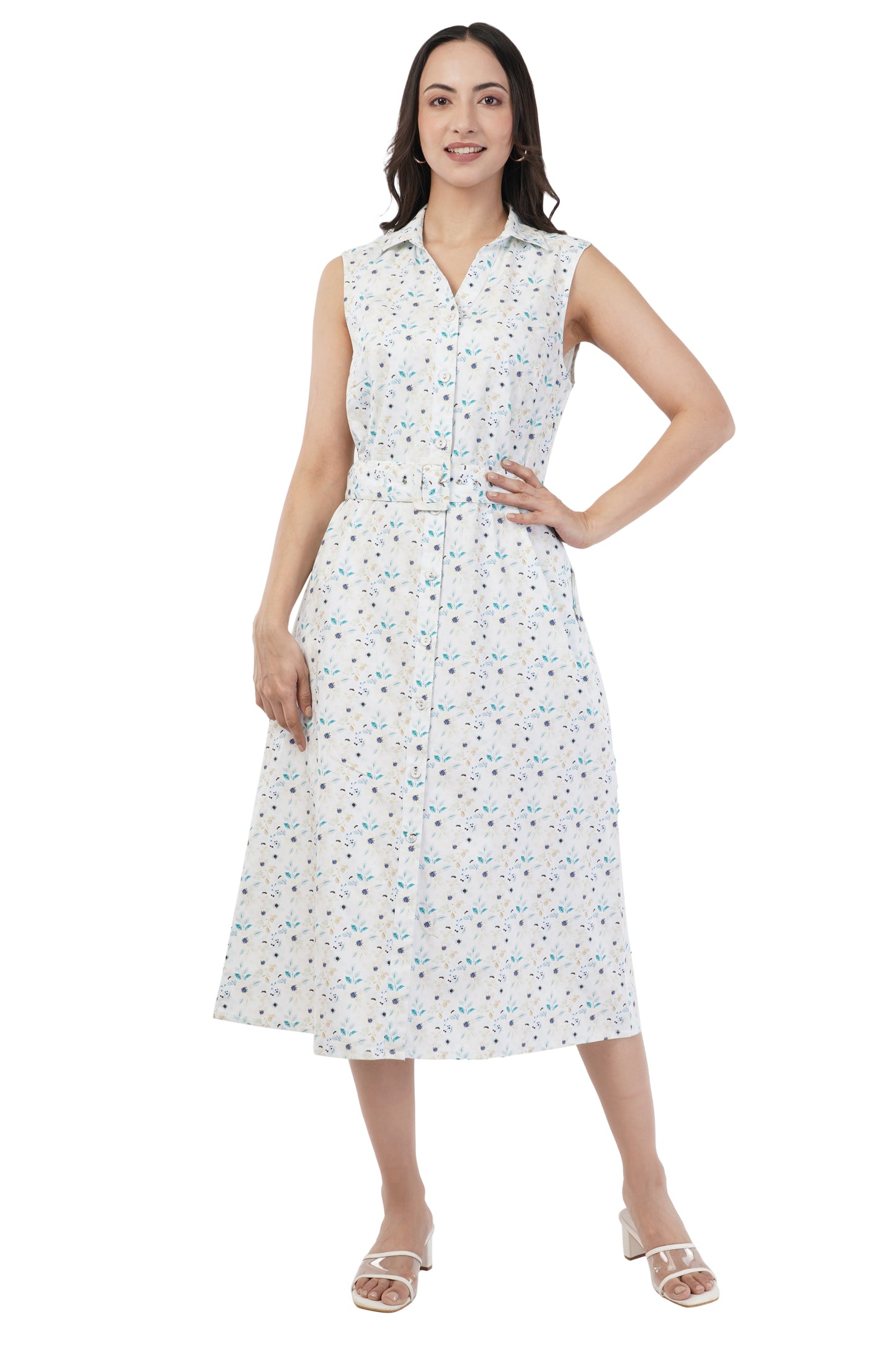 Thelma Sleeveless Belted Midi Dress with Soft Blue Botanical Print