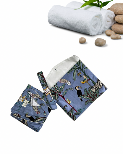 Beautiful Cotton Safari Animal Printed Dusty Blue Kimono Kaftan Bathrobe