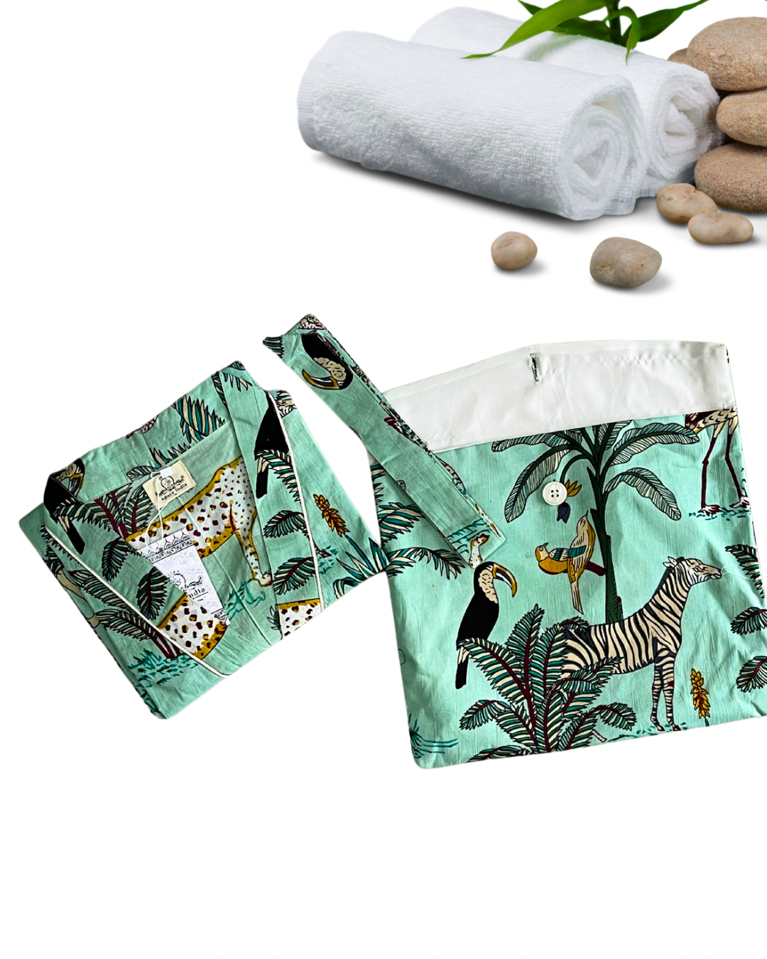 Beautiful Cotton Safari Animal Printed Pistacho Kimono Kaftan Bathrobe