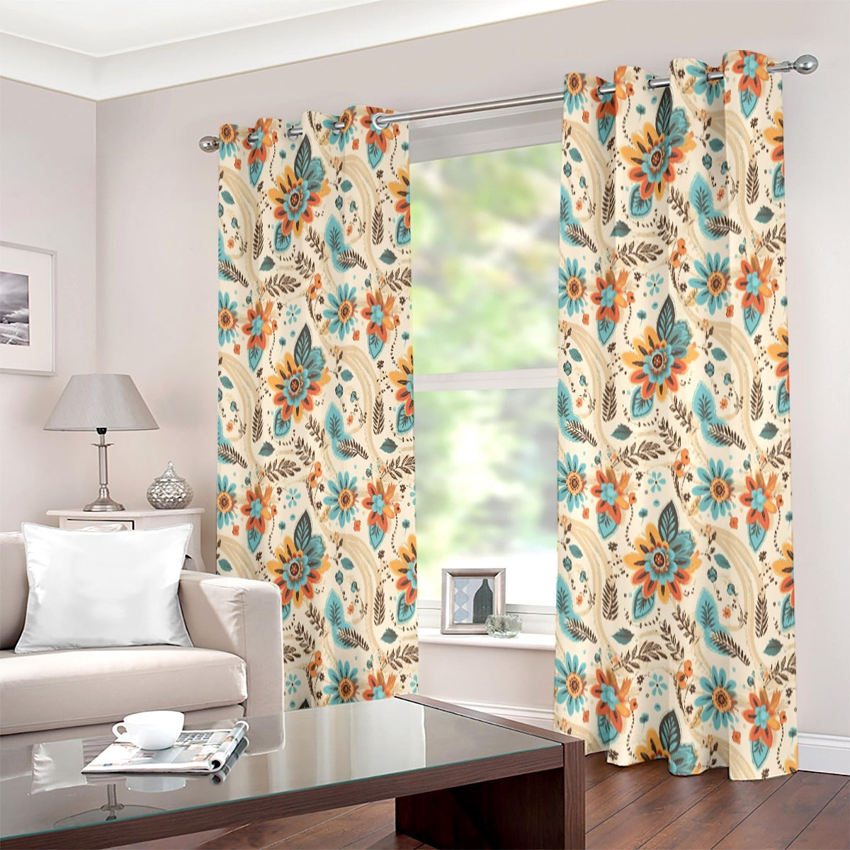 Vintage Teal Floral Printed Curtain Set - Adore India   