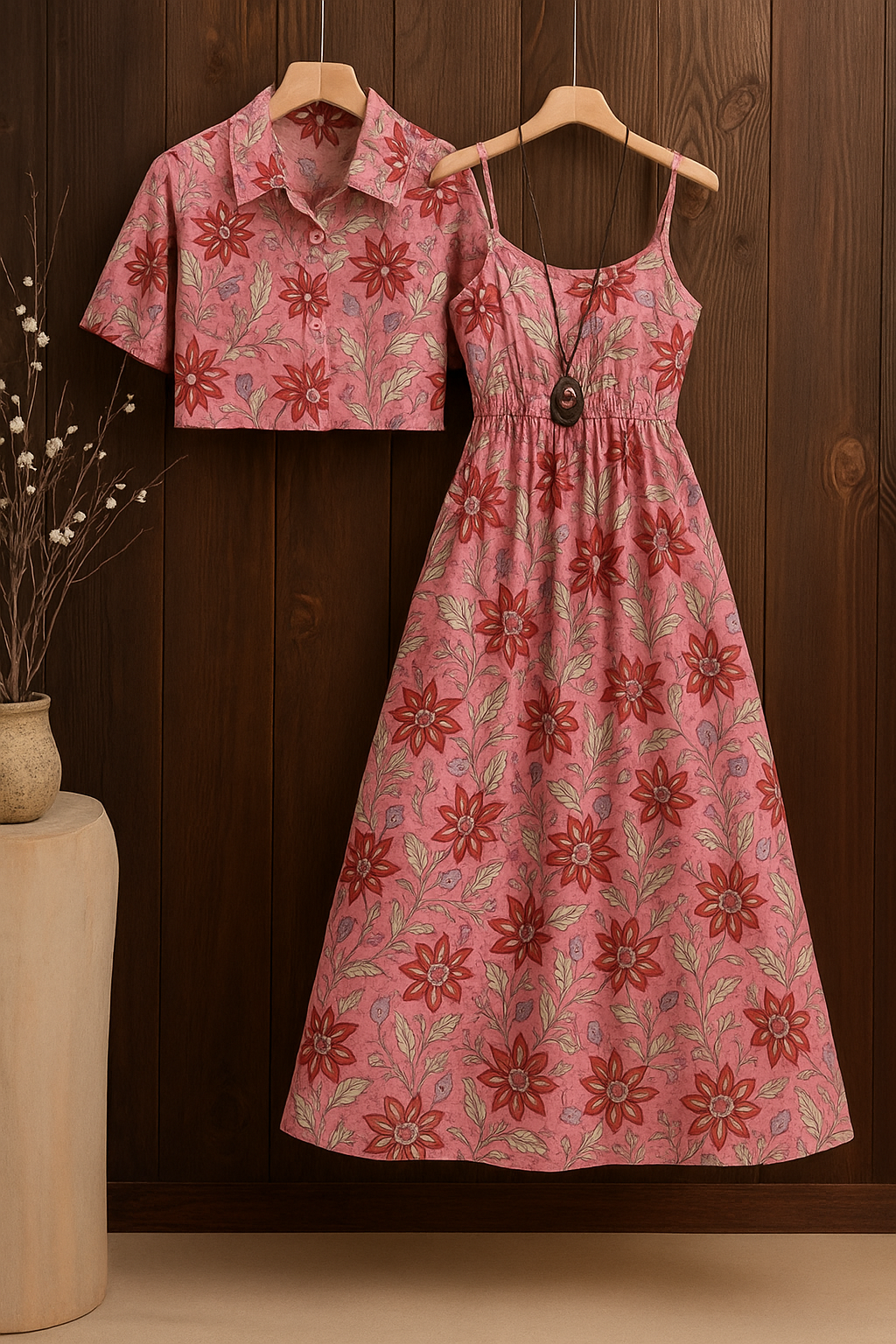 Vintage Rose Floral  Cotton Two-Piece Dress Set